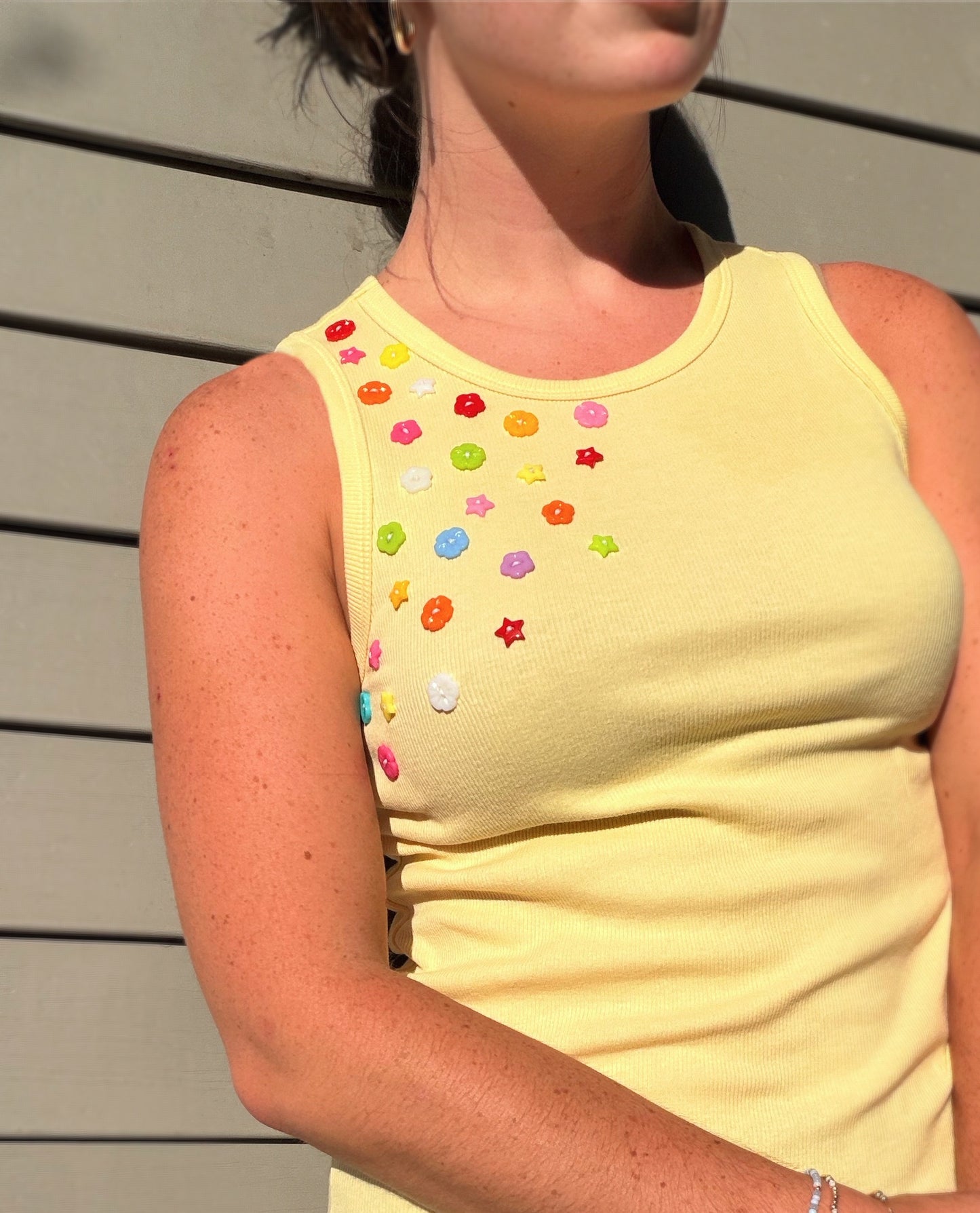 Yellow Flower and Star Button Tank Top