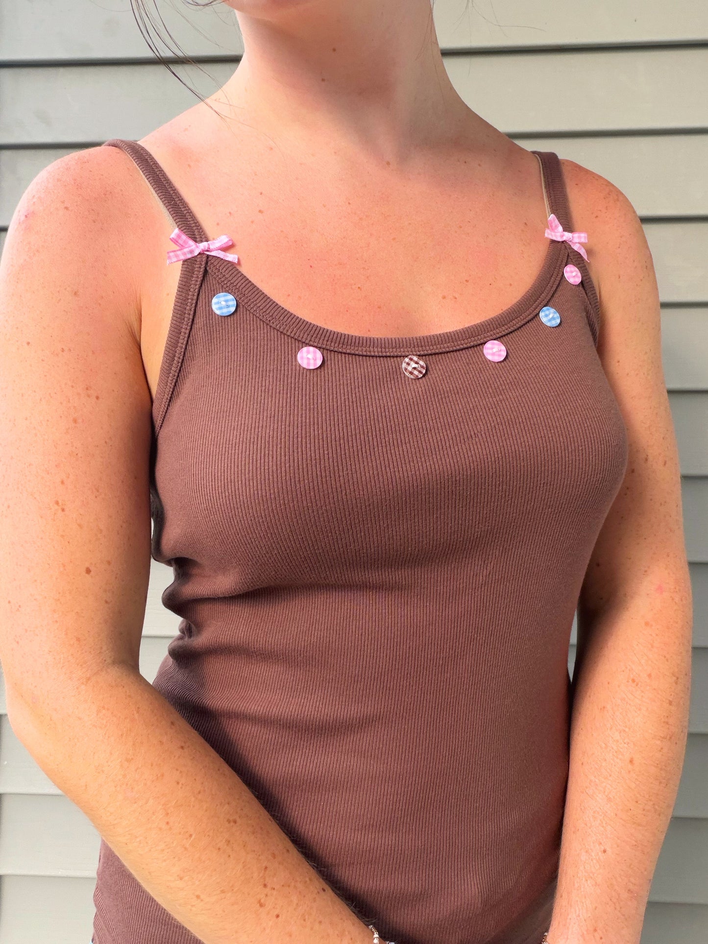 Brown Gingham Buttons and Bows Tank Top