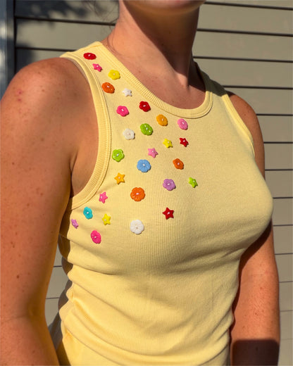 Yellow Flower and Star Button Tank Top