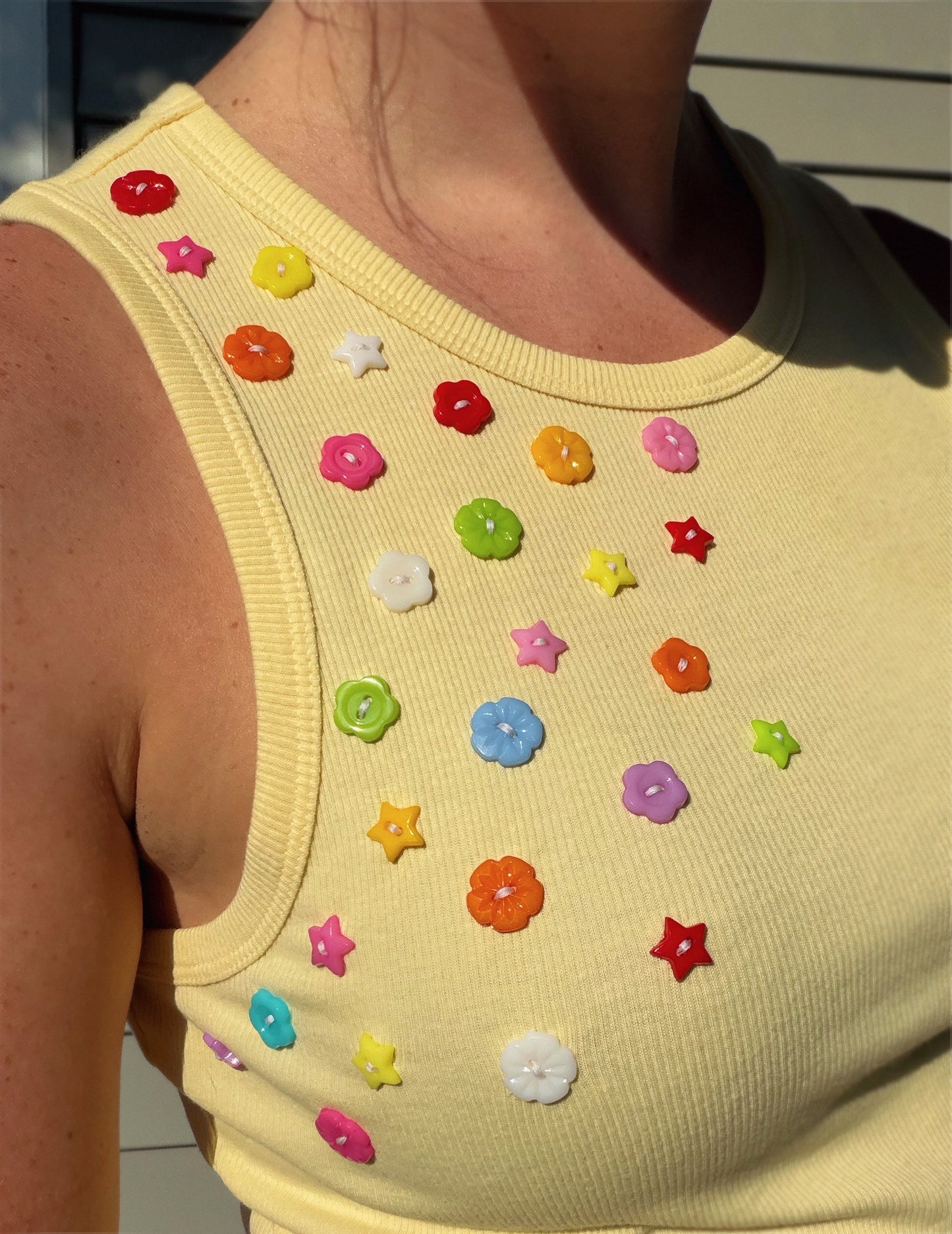 Yellow Flower and Star Button Tank Top