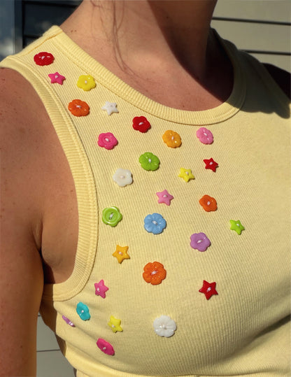 Yellow Flower and Star Button Tank Top