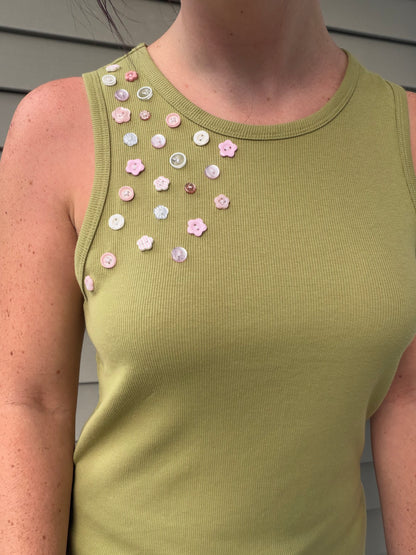 Pink Floral Button Tank Top
