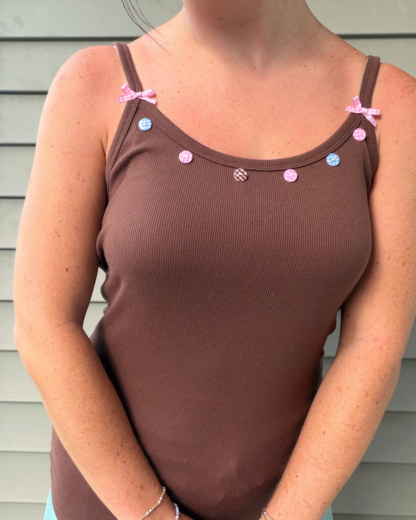 Brown Gingham Buttons and Bows Tank Top