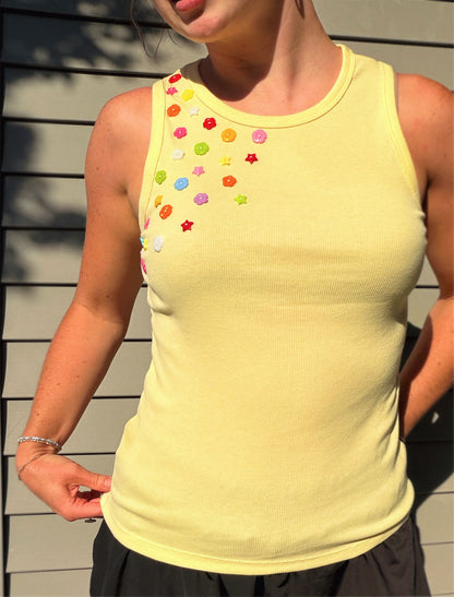 Yellow Flower and Star Button Tank Top