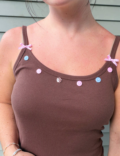 Brown Gingham Buttons and Bows Tank Top