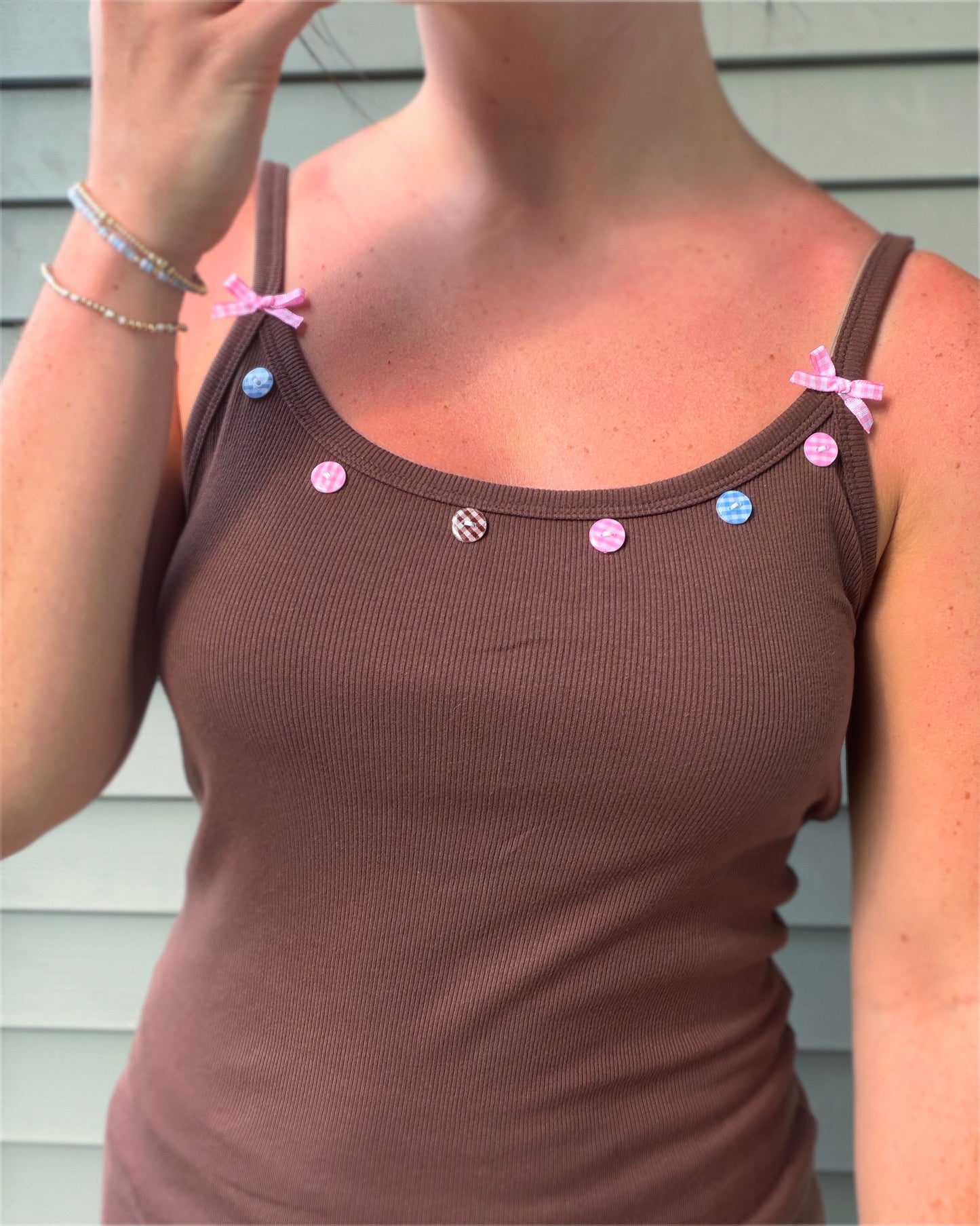 Brown Gingham Buttons and Bows Tank Top